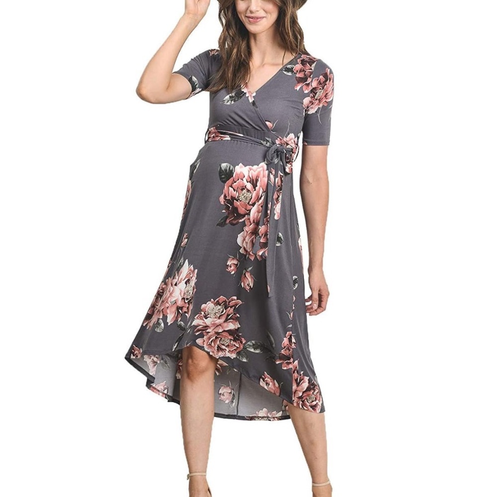 Hello Miz Gray Floral Maternity Wrap Dress XL